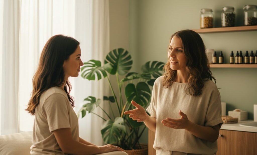 Amanda Deanna, RN, CDOE explaining to a female patient how ear acupuncture provides a calming reset of our mind and body